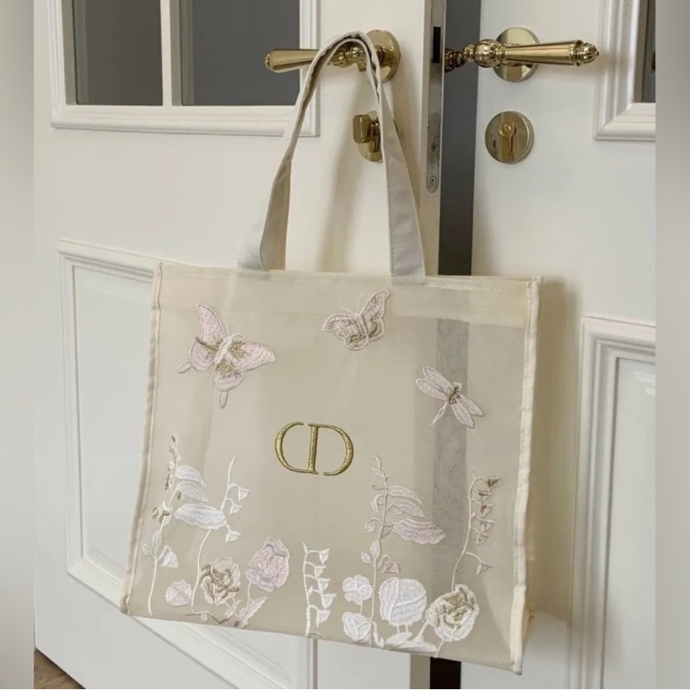 Christian Dior Cream Tote Bag with Embroidered Fireflies and Floral Design -NIB